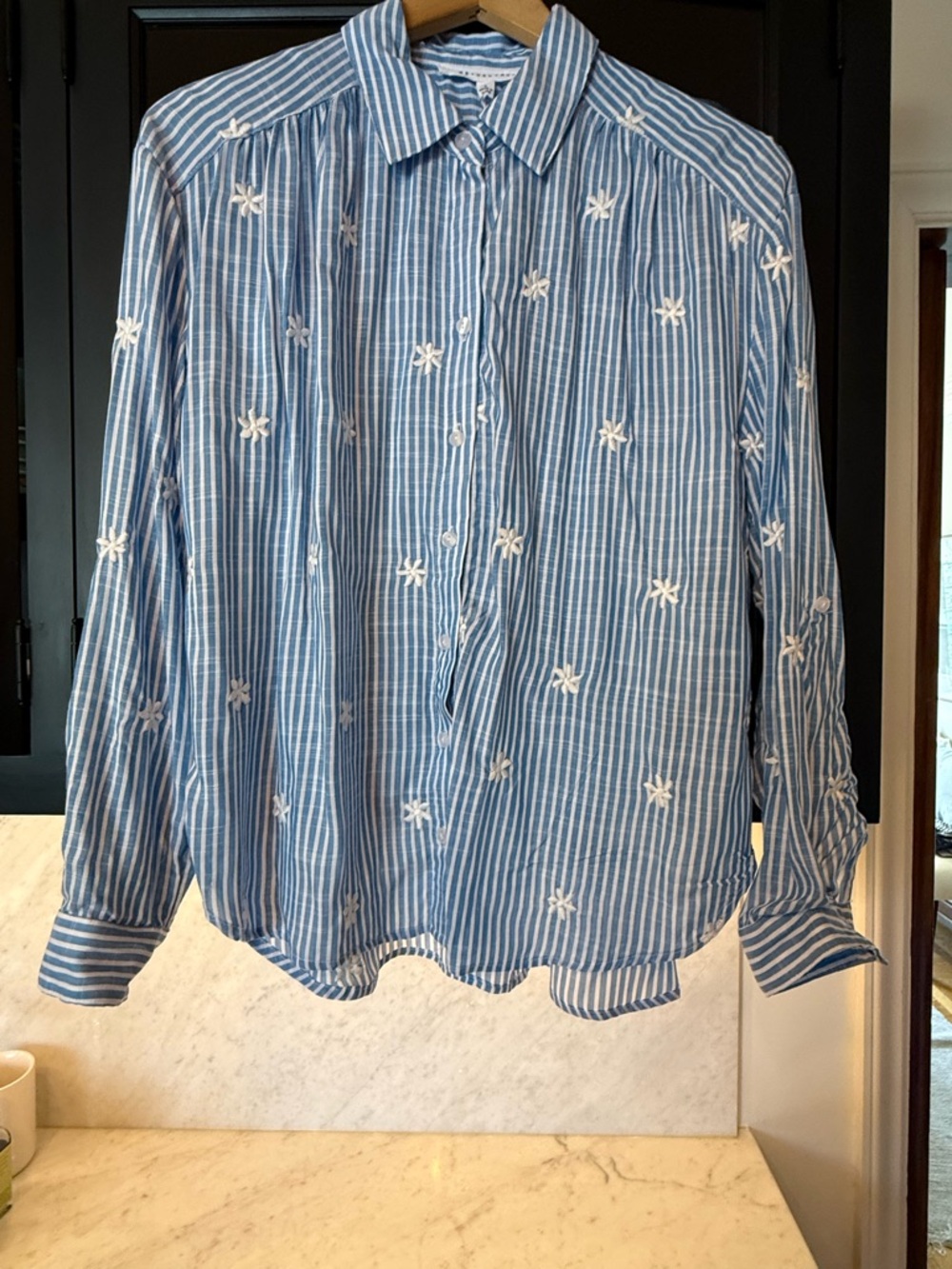 Women’sBlue White Striped Button-Down Shirt Embroidered Pattern Small Fairy